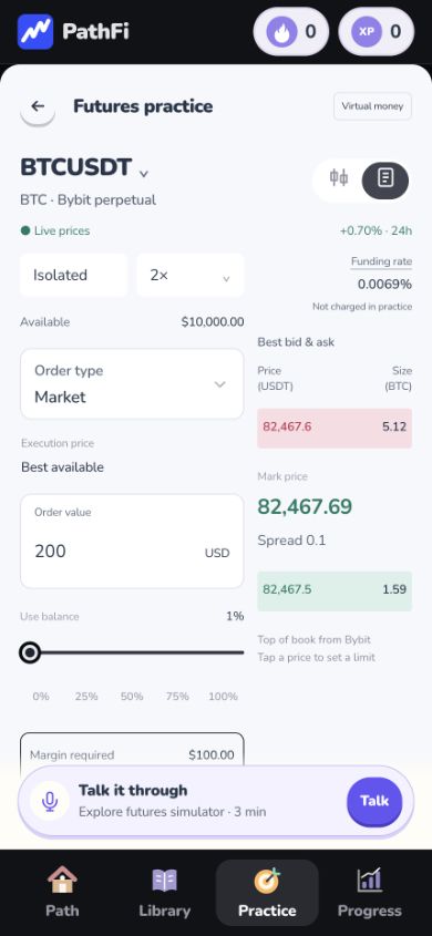 Actual PathFi perpetual futures practice screen, showing a virtual-money order ticket, leverage, available practice funds and live bid and ask prices.