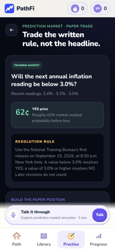 Actual PathFi prediction-market exercise, showing a fictional inflation event, a 62-cent YES contract and the written resolution rule.